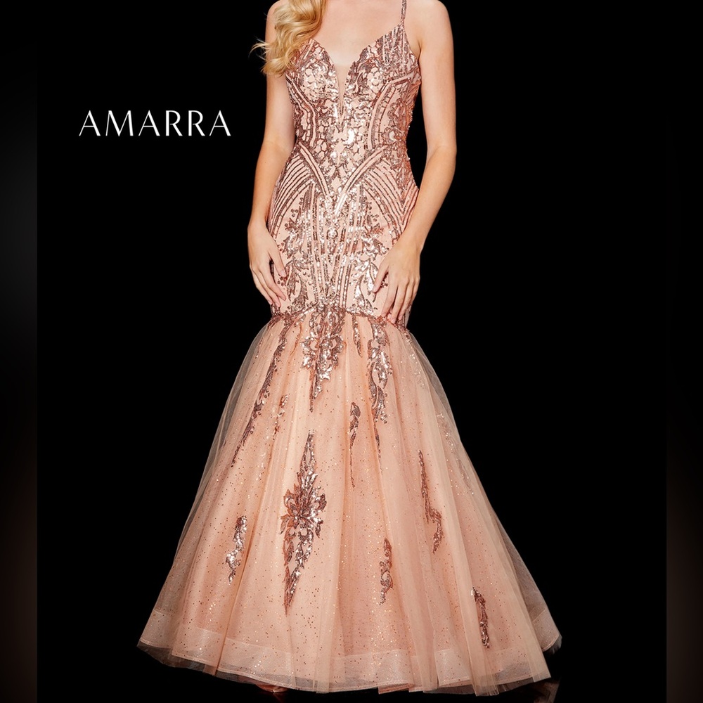 Amarra 20011 rose gold size 8 fit & flare fully sequined v neck long dress
